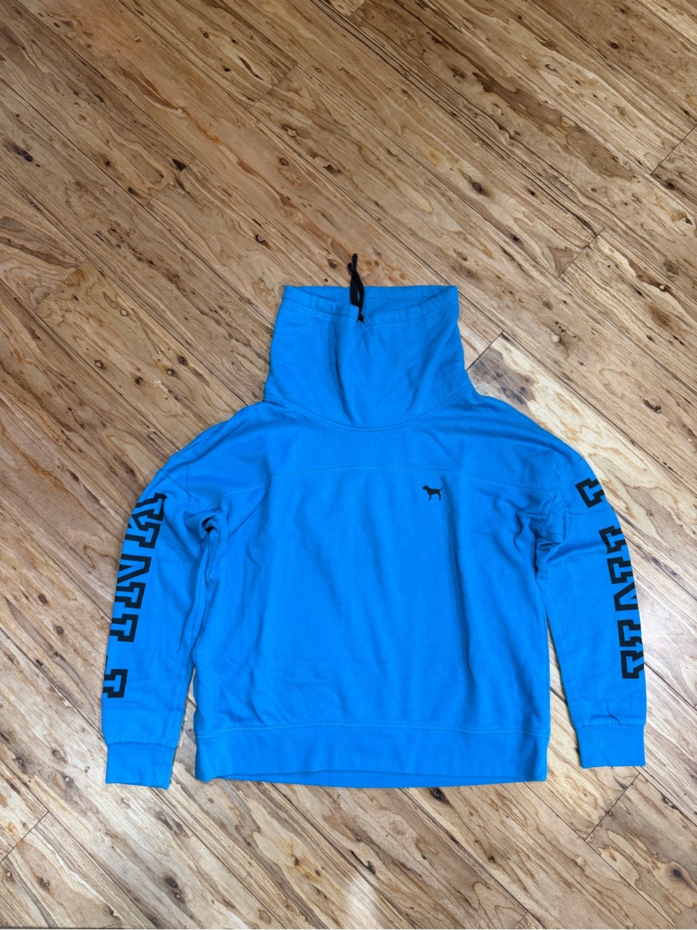 PINK Victoria's Secret Blue Funnel Neck Hoodie with Black Logo
